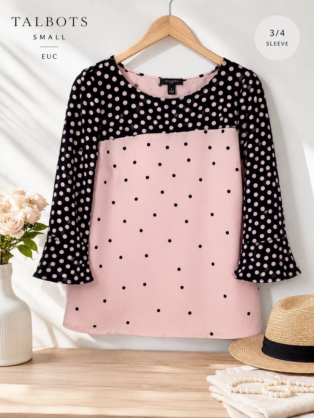 Talbots Black and Pink Polka Dot Blouse womens size small